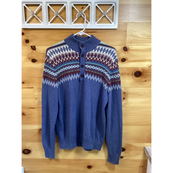 Izod Other - IZOD Mens Medium Blue Fair Isle 100% Cotton Quarter Button Mock Neck Sweater